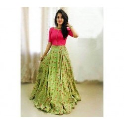 Pink and Green South Indian Style Crop Top Lehenga Choli